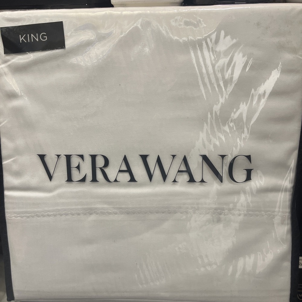 Vera Wang KING Sheet Set Simple Dot White/ White 100% Cotton Satin Weave
